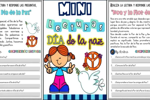 Fichas imprimibles para el Día de la Paz con lecturas y preguntas. Incluyen un texto sobre la importancia de la paz y otro sobre Noa y la Flor de la Paz.