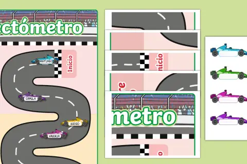Un lectómetro para imprimir con coches de carreras. Los niños avanzan en la pista según su progreso lector.