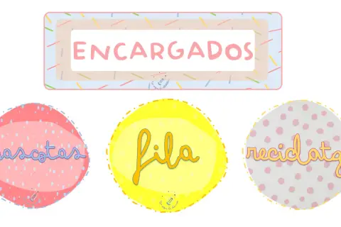 Diseño para imprimir: "Encargados" con círculos para "mascotas", "fila" y "recidatge".