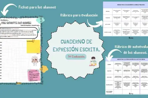 Cuadernillo de expresión escrita para imprimir, con actividades sobre recetas de cocina y rúbricas de evaluación.