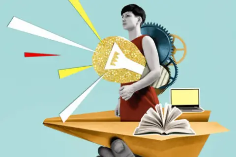 Un avión de papel lleva un libro abierto y un portátil. Una mujer con engranajes en la espalda sostiene un megáfono dorado, como si lanzara ideas, similar a las fichas primero de primaria.