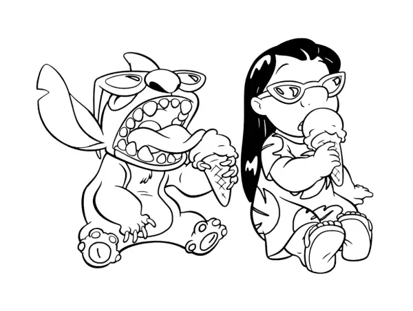 Lilo y Stitch disfrutan de helados con gafas de sol. Estos dibujos de Lilo capturan un momento dulce y divertido.