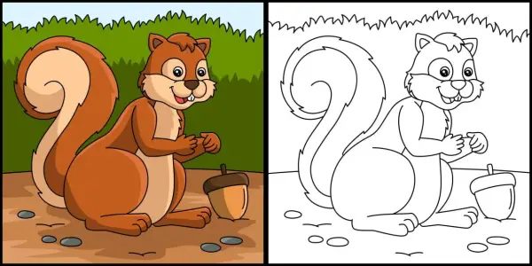 Dibujo ardilla para colorear, con su bellota lista para ser pintada.