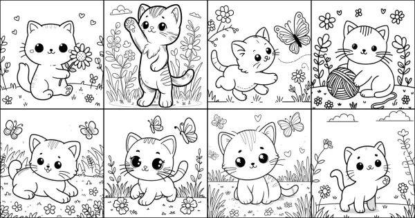 Ocho adorables gatitos para colorear, jugando con flores y mariposas. ¡Un mundo de diversión para pintar!
