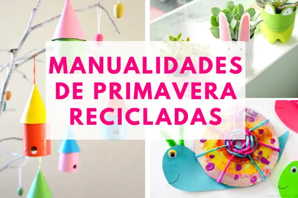 Manualidades de primavera recicladas para decorar el aula: casitas de pájaros, caracoles y adornos con botellas.