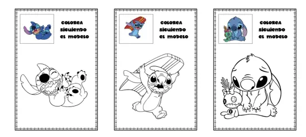 Dibujos para colorear de Stitch: tres escenas de Stitch, una riendo, otra con tabla de surf y una triste con muñeco.